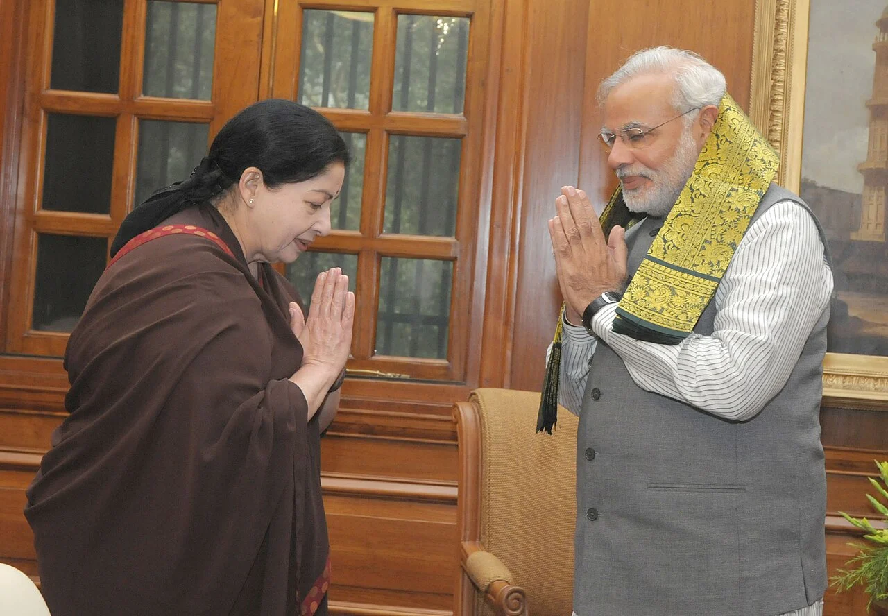 J. Jayalalithaa greets Prime Minister Narendra Modi in New Delhi, 3 June 2014 (portrait crop).